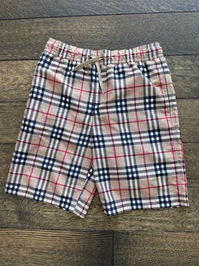 Burberry Beige Plaid Boys' Swim Trunks with Navy & Red Check